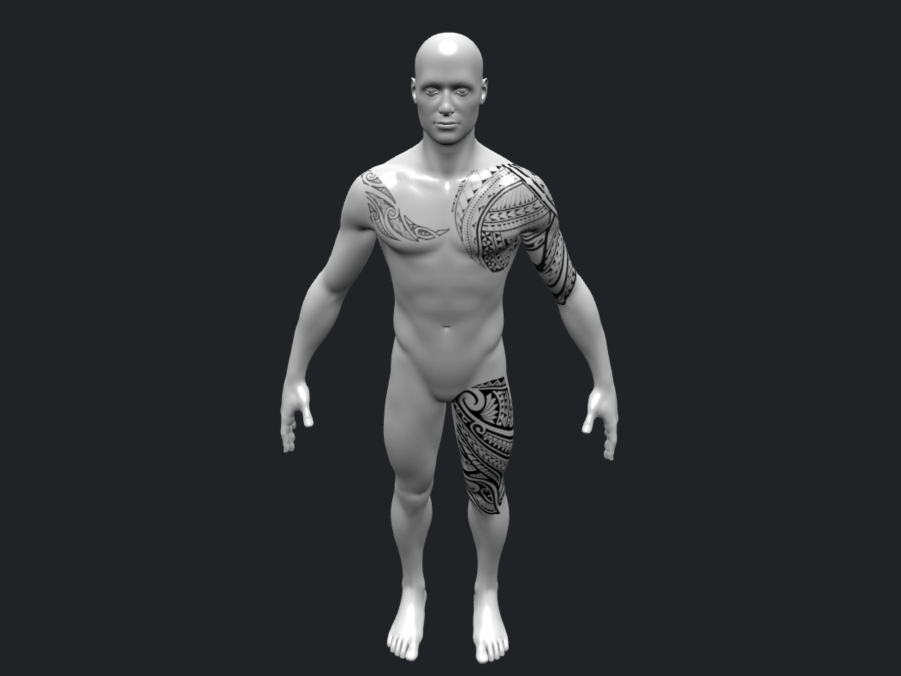 A custom tattoo design previewed on a realistic 3D body model in the KoiCreate tattoo visualizer